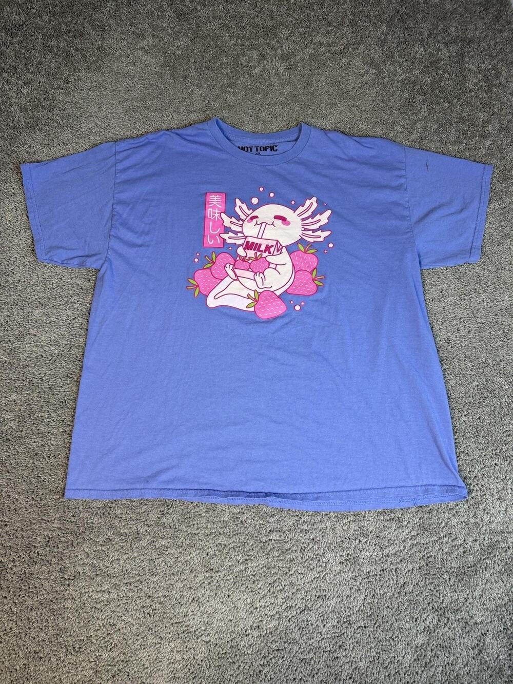 Hot Topic Shirt Mens 2XL Purple Axolotl Milk Strawberry Graphic Tee Soft Cotton